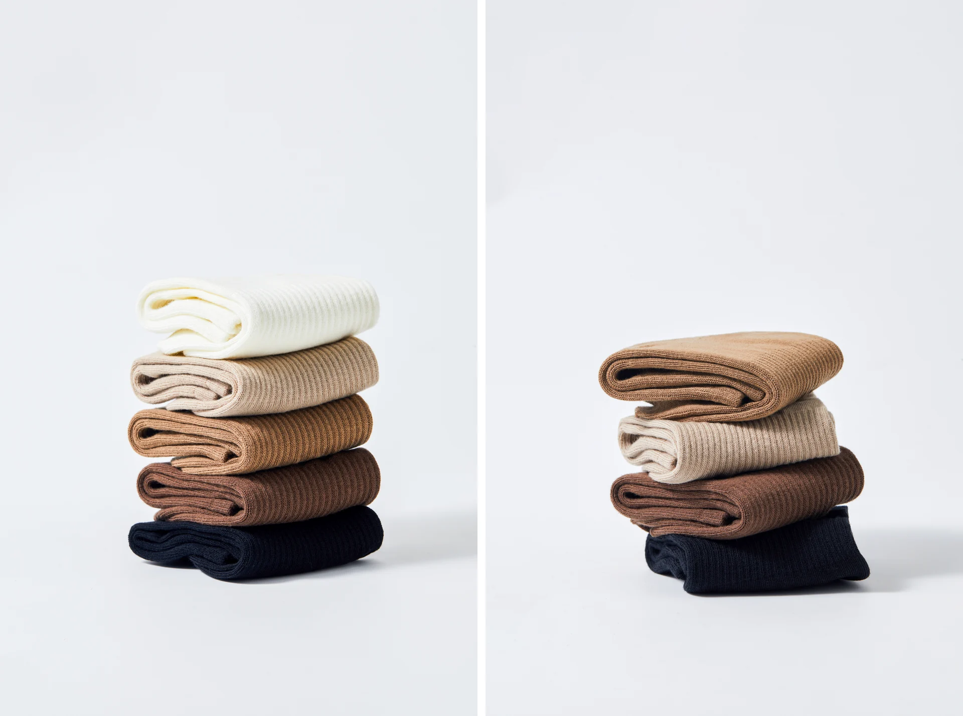 White-background still-life photography of neutral ribbed crew socks, using stacks, scattered arrangements, and knit close-ups.