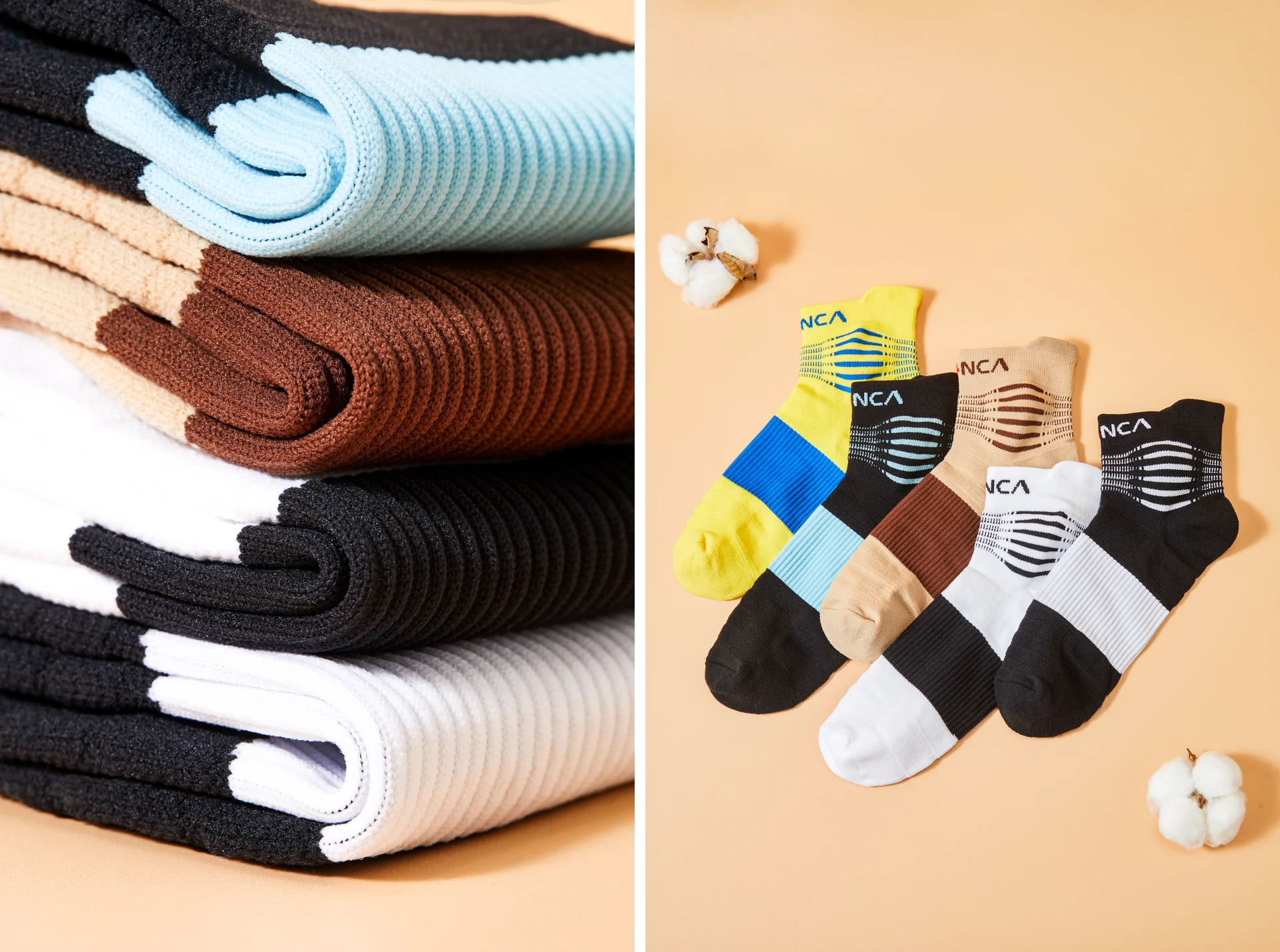 Still-life photography of colour-block sports ankle socks on a warm beige set, with cotton props and functional knit detail.