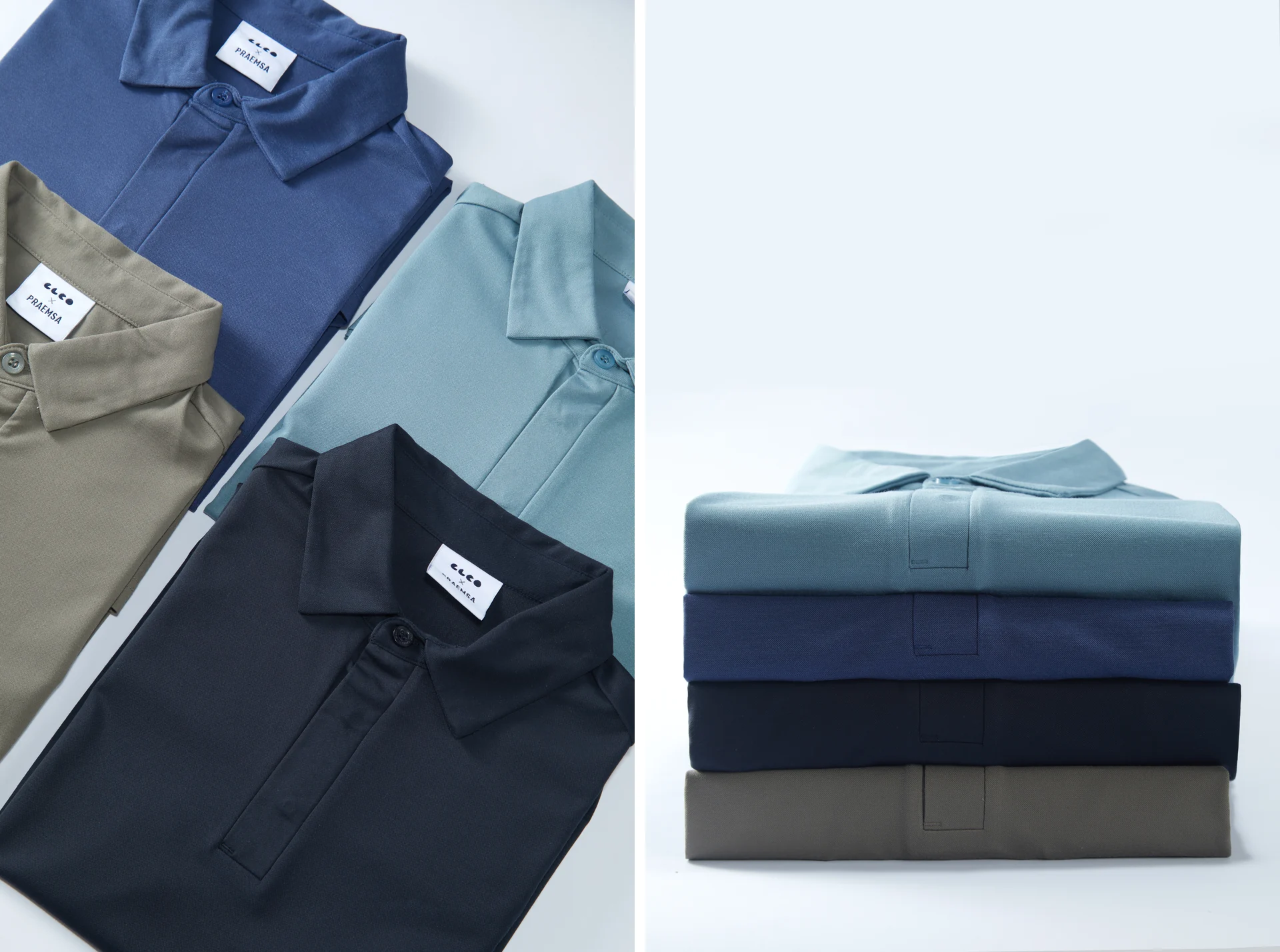Product still-life photography for PRAEMSA polo shirts in blue and grey tones, covering stacked displays, rail shots, and hem and fabric detail.