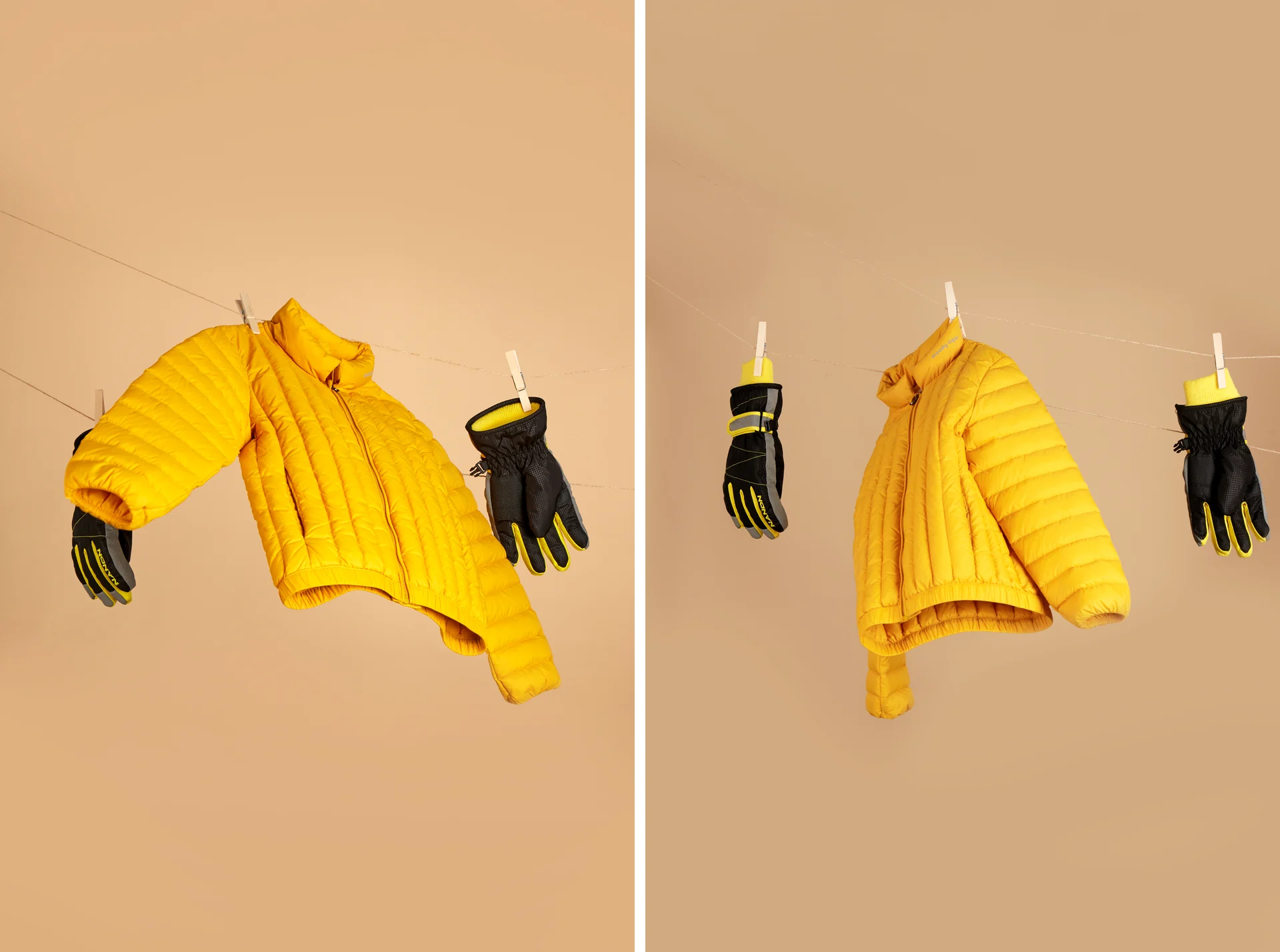 Product photography for a mustard kids' lightweight down jacket, covering the collar, zip, quilting, and a cutaway of the down fill.