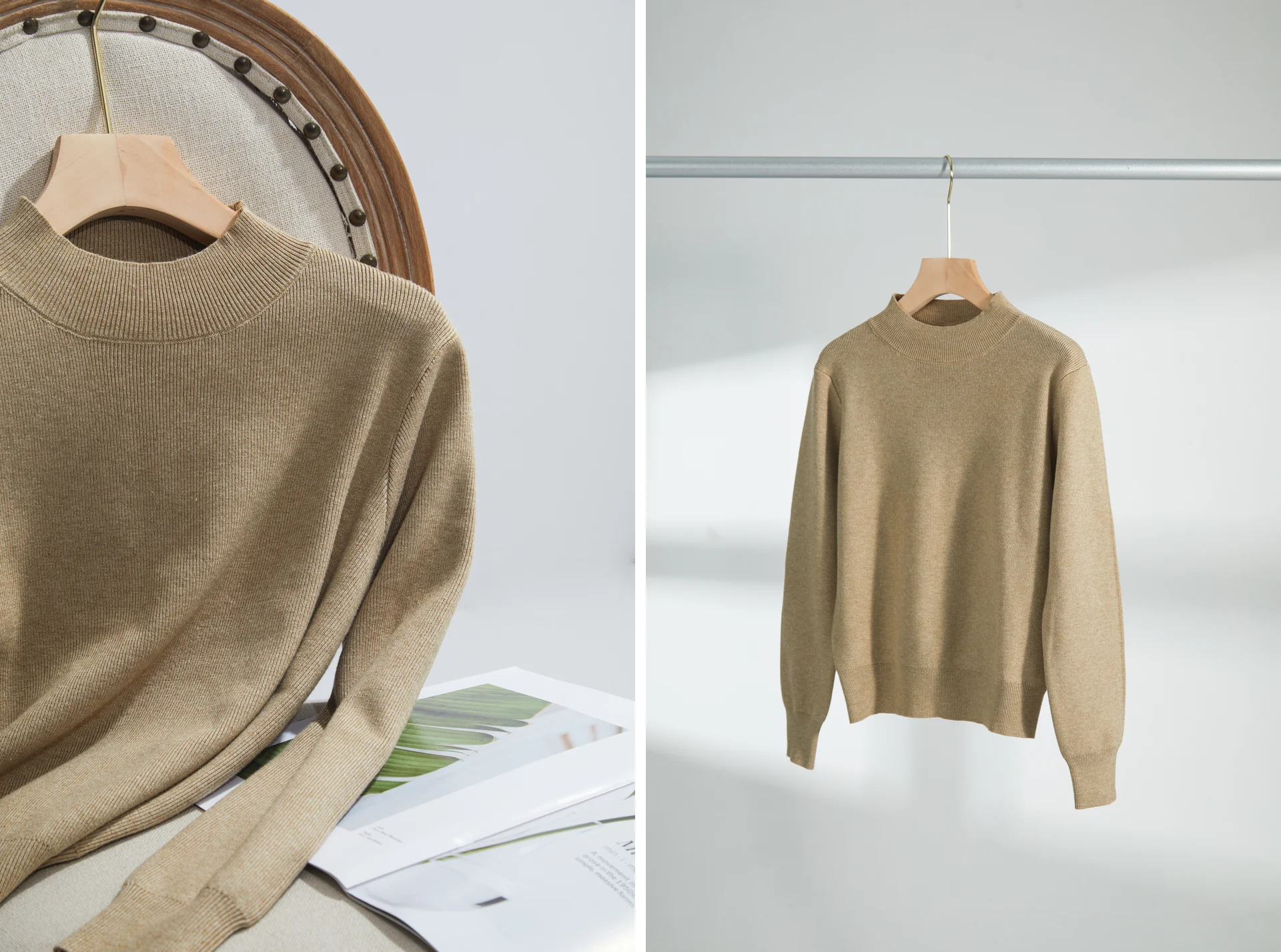 Still-life photography of a camel mock-neck knit sweater, using hanging shots, chair styling, and ribbed-knit close-ups.