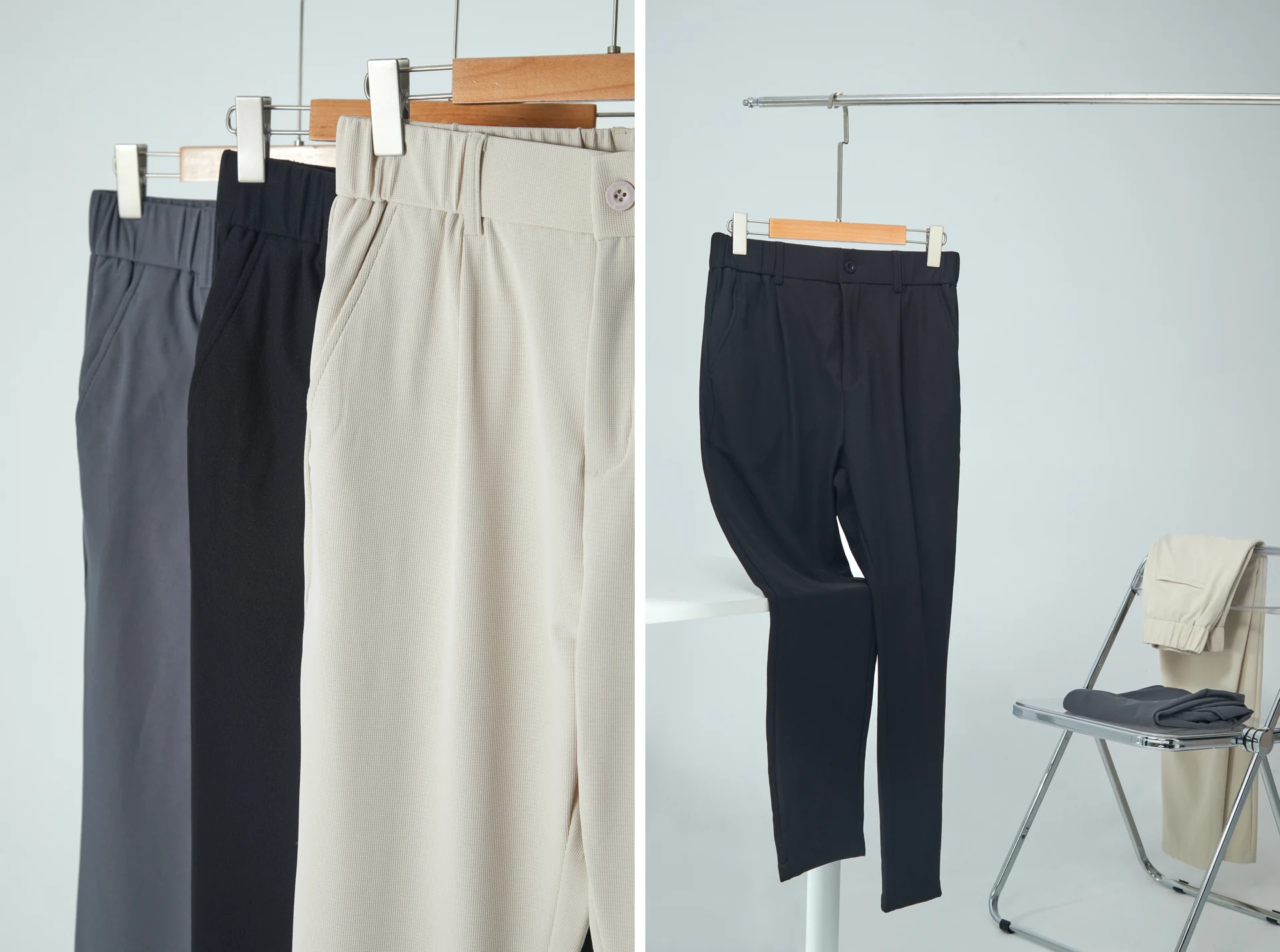 Studio still-life photography for PRAEMSA trousers, covering rail displays, folded arrangements, and waistband detail.