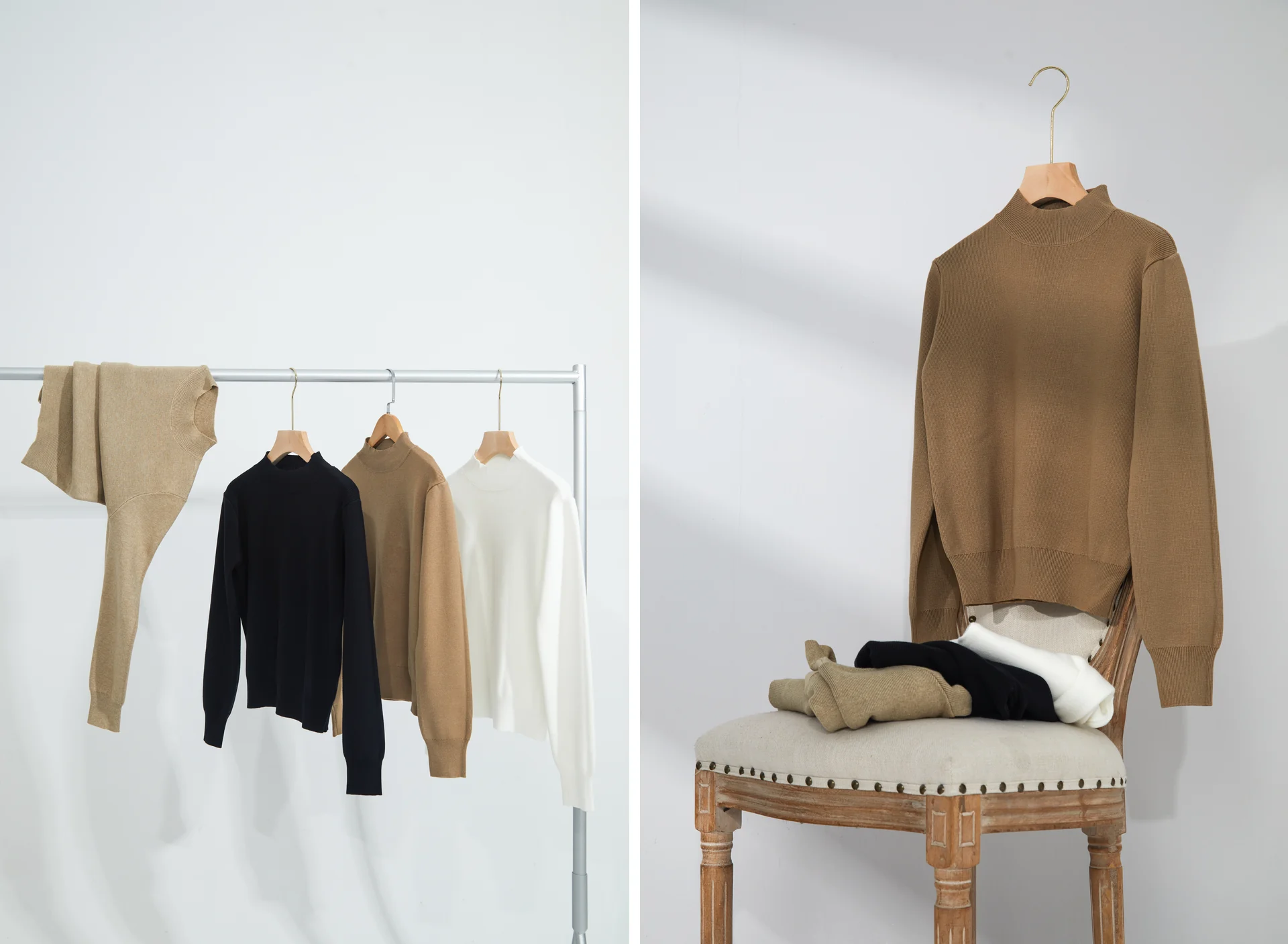 Still-life photography of a knit sweater collection in camel, ivory, and black, covering rail displays, plinth stacks, and neckline detail.