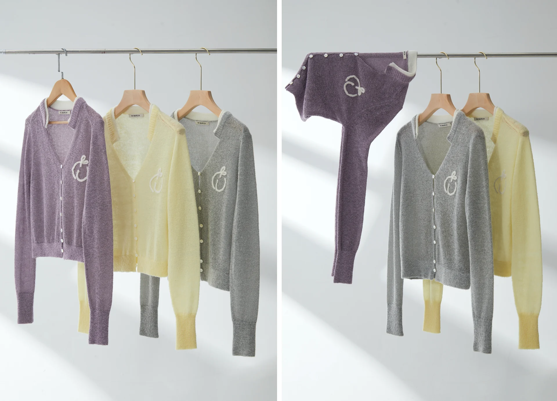 Still-life photography of mohair cardigans in lilac, butter yellow, and grey, capturing the halo of the fibre, pearl buttons, and embroidered marks.