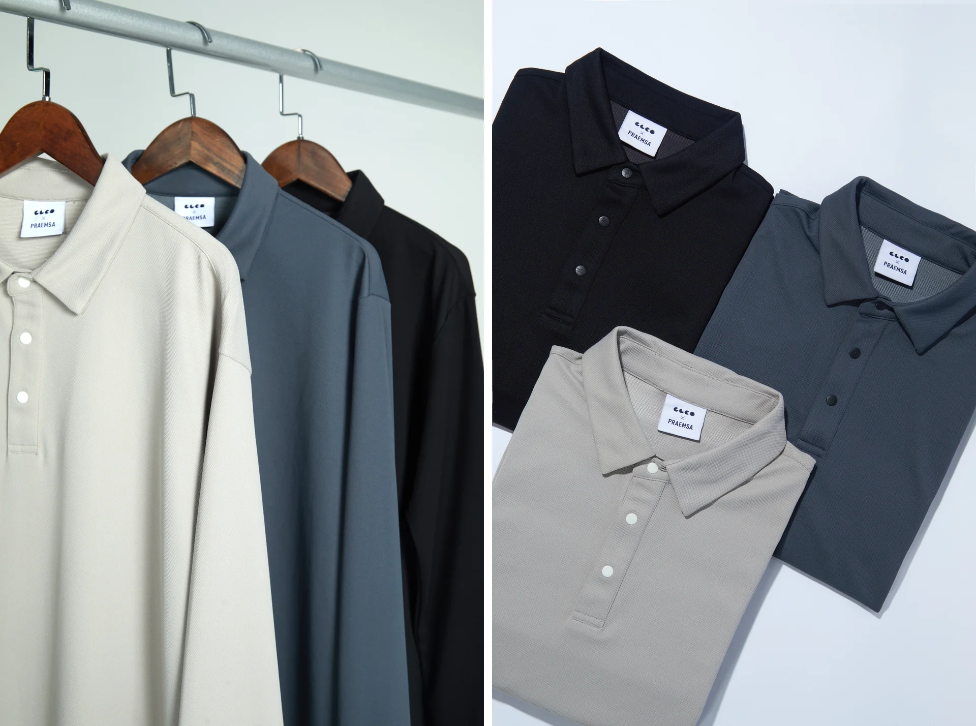 Product still-life photography for PRAEMSA long-sleeve polo shirts, covering rail displays, flat-lay stacks, and placket and button detail.
