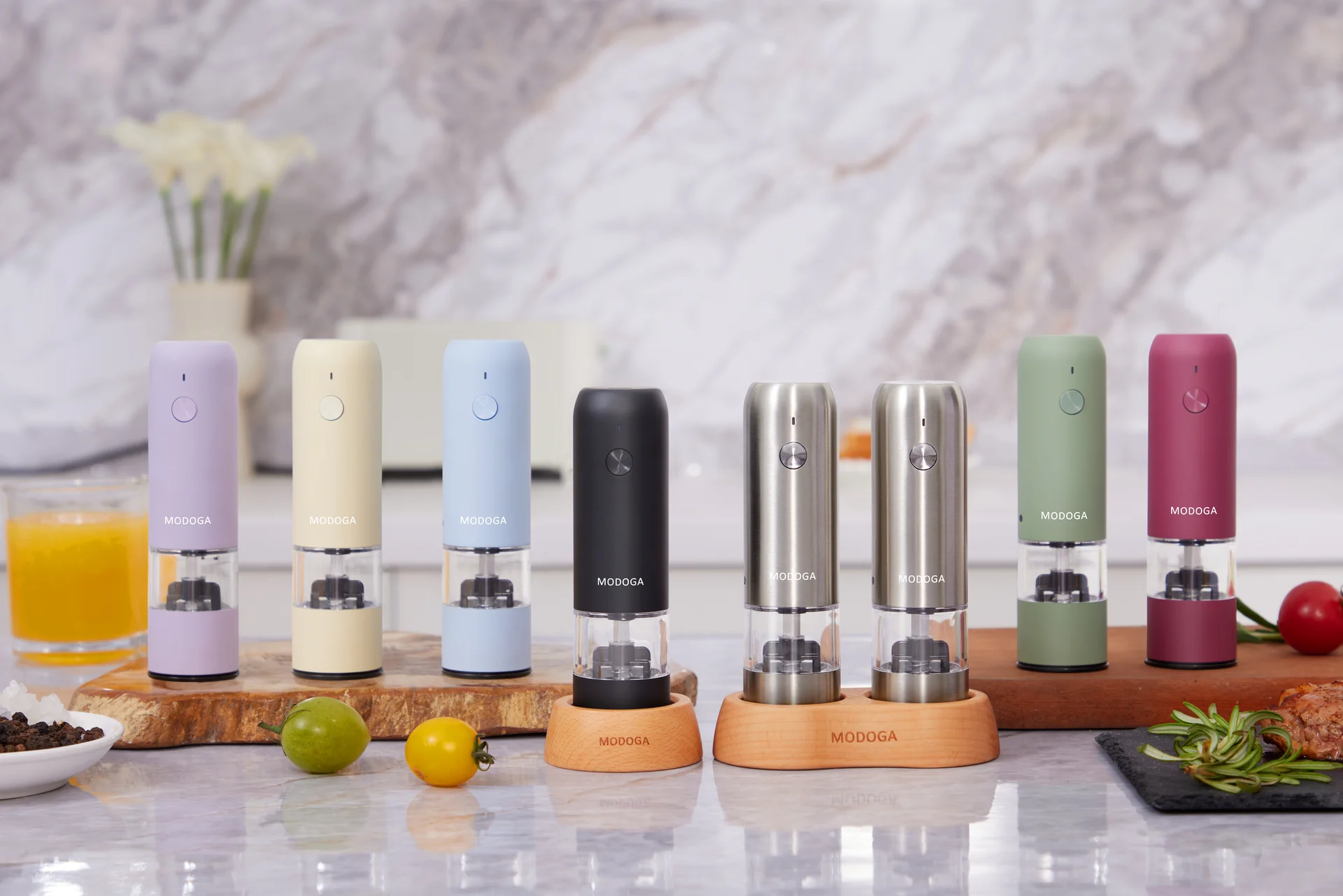 Lifestyle and food photography for MODOGA electric pepper grinders, covering kitchen and table settings, food pairings, colourways, and gift packaging.