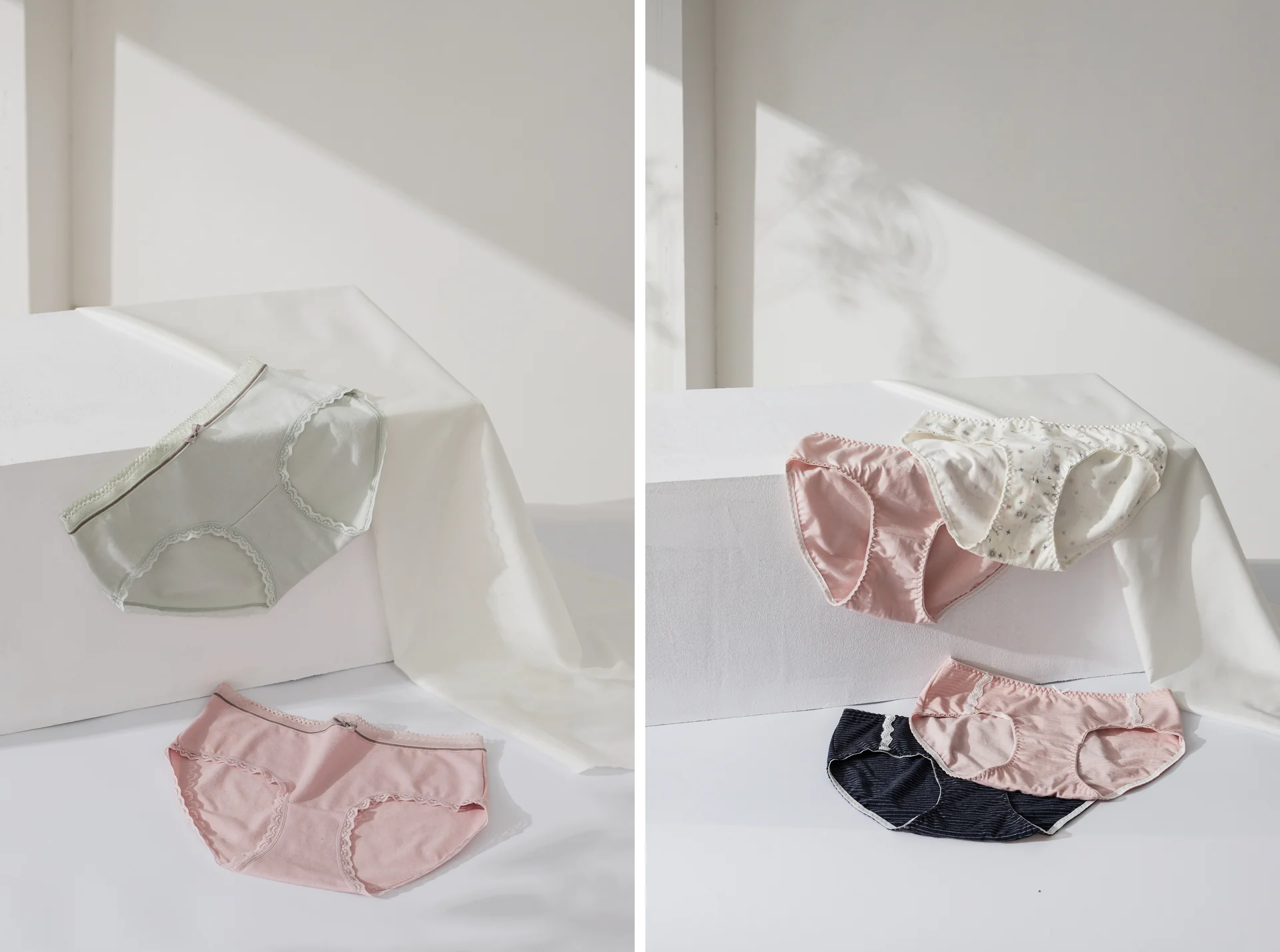 Still-life photography for Hodo Home women's underwear, using natural window light and a pink-and-white palette to convey softness and lace detail.