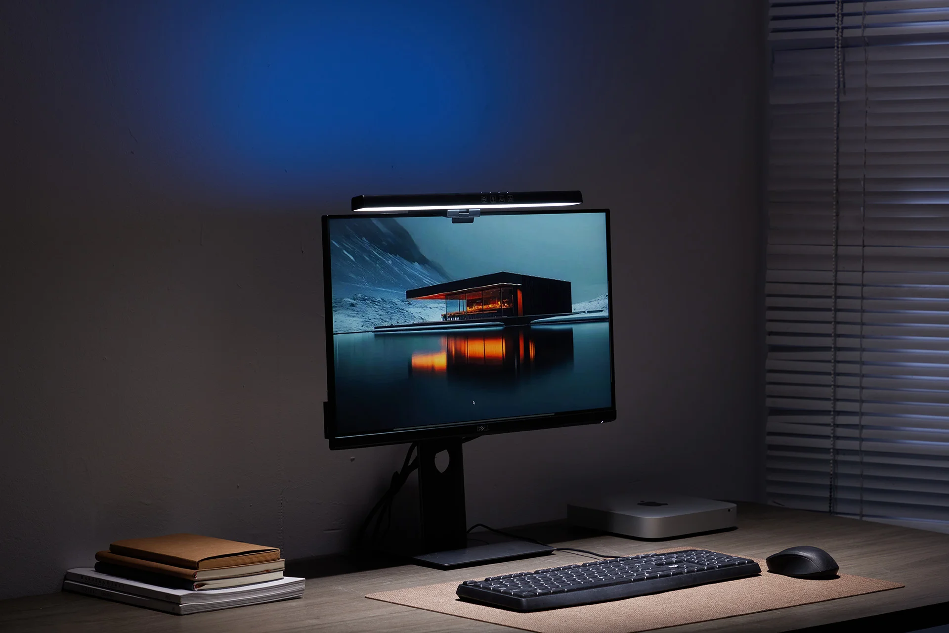 A product photography series for a monitor light bar, combining clean product imagery with dark desktop lifestyle scenes. The visuals show the light’s form, monitor-mounted setup, and ambient illumination for night work, home office setups, and gaming environments.